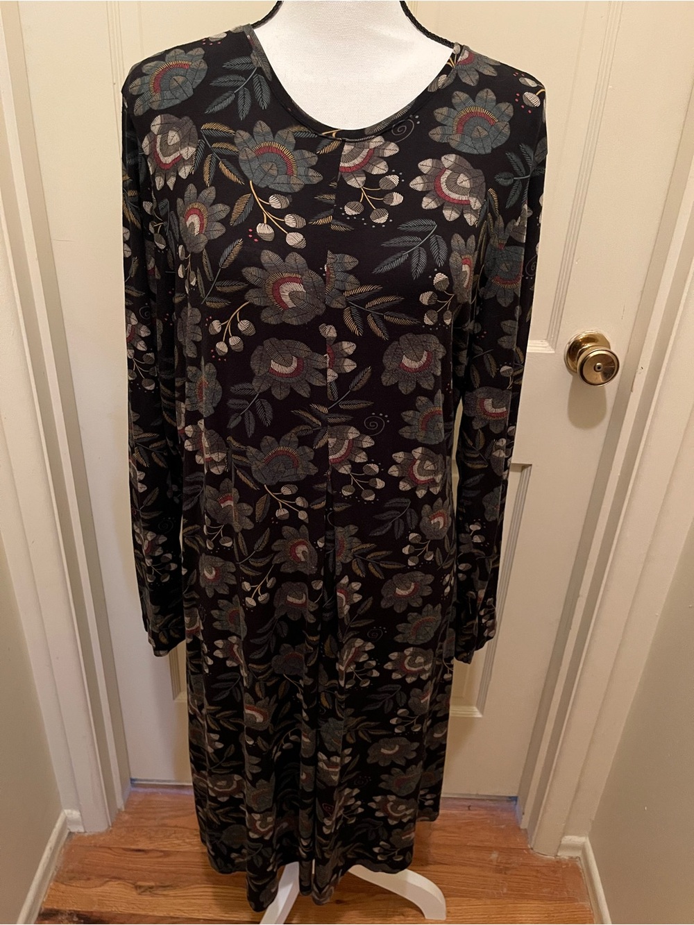 Gudrun Sjoden Black Floral Print Micromodal Jersey Knit Long Sleeve Dress Sz L